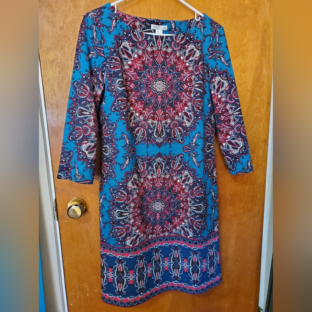London Times Elegant Teal and Magenta Patterned Dress Size 14